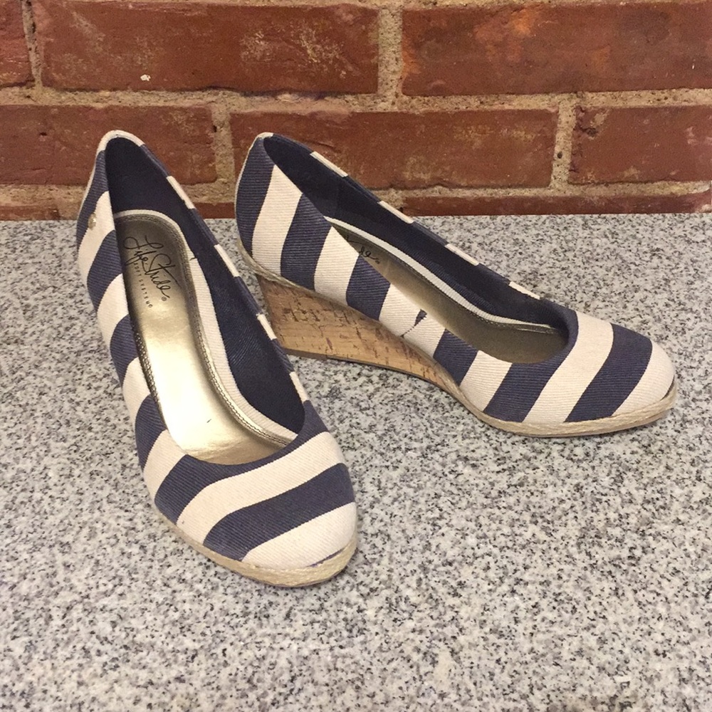 Life stride blue and off white striped wedges